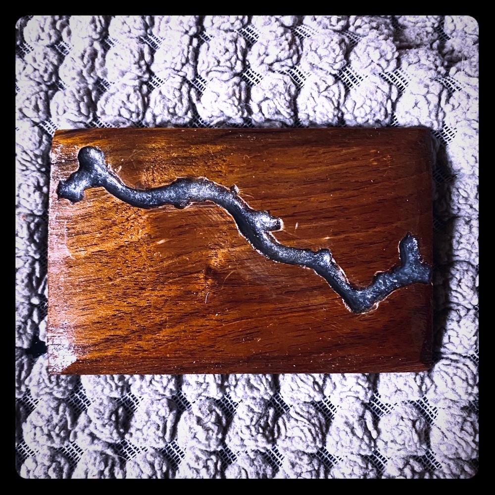 Wood belt buckle w/ a blue/silver resin “river”